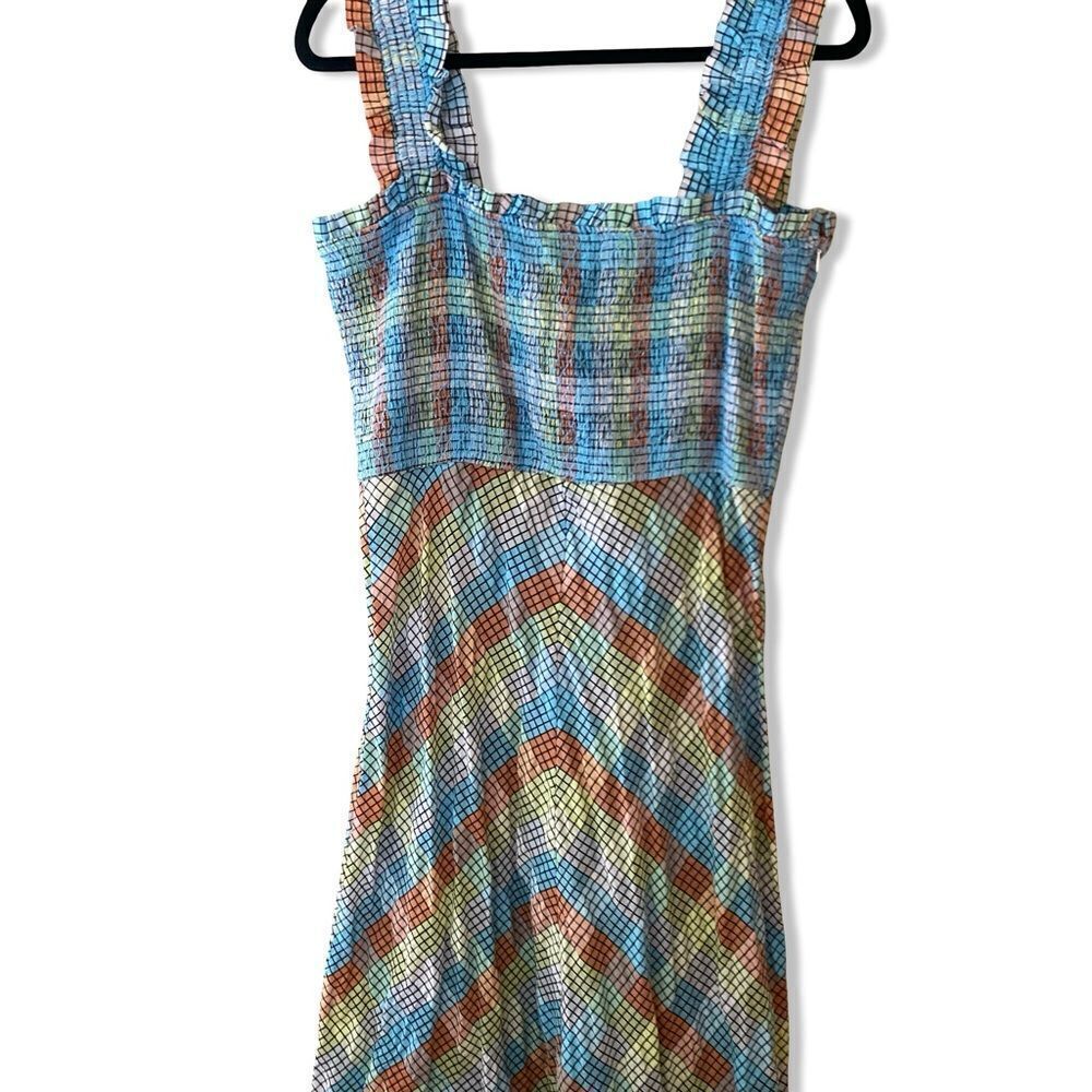 GANNI SEERSUCKER CHECK SLEEVELESS MIDI DRESS smocked cotton summer 42 L - Picture 14 of 14